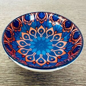 Ceramic Trinket Dish Serving Bowl Orange Blue Boho Pattern